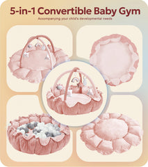 Mallify 5-in-1 baby gym pink with detachable toys encourages sensory exploration.