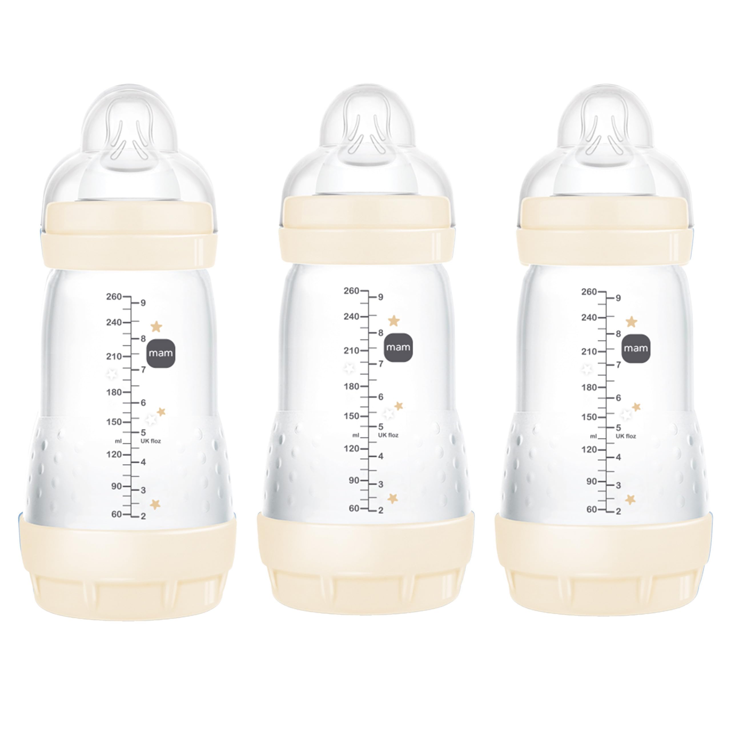 MAM 9oz Easy Start bottle close-up with silicone nipple for breastfeeding-like feeding