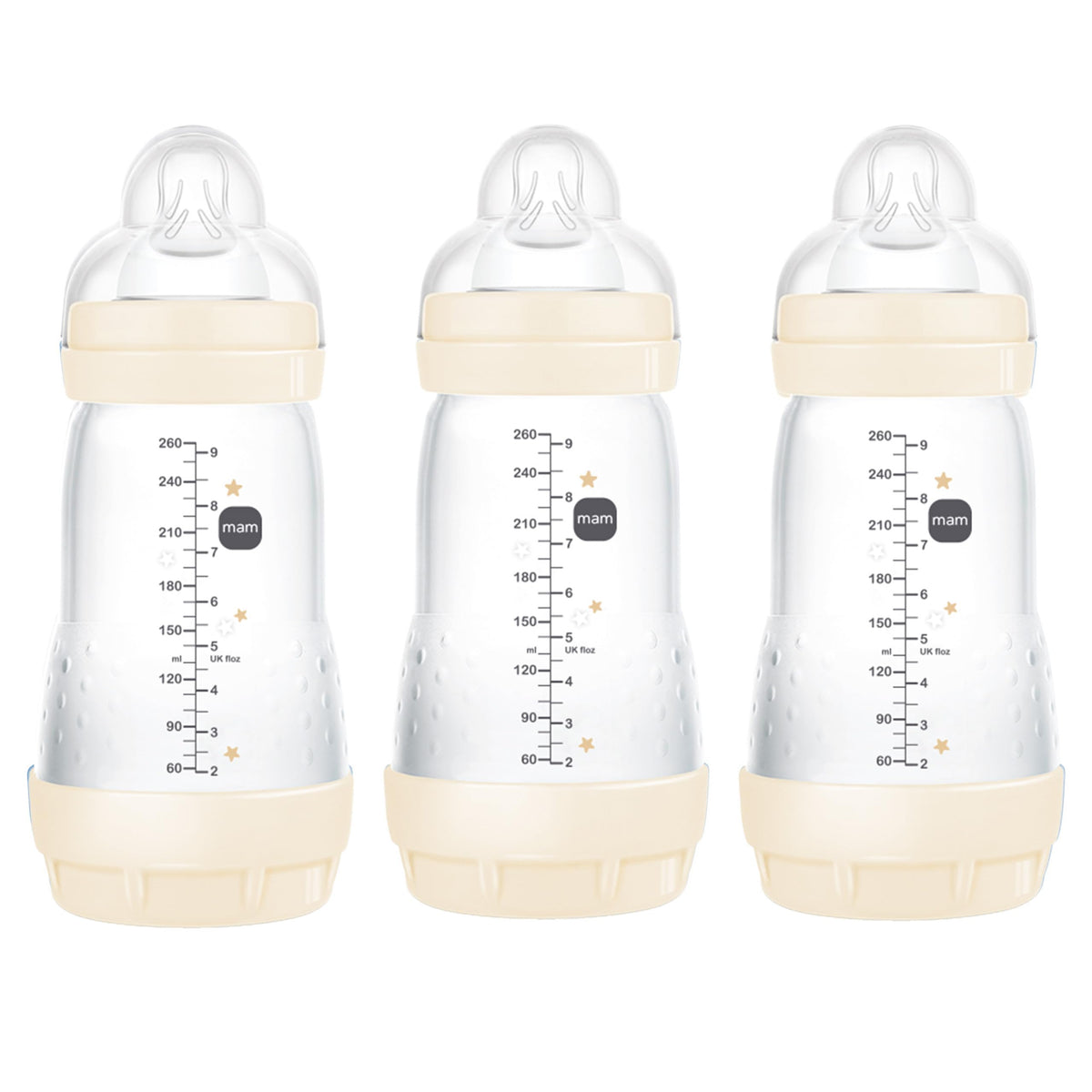 MAM 9oz Easy Start bottle close-up with silicone nipple for breastfeeding-like feeding