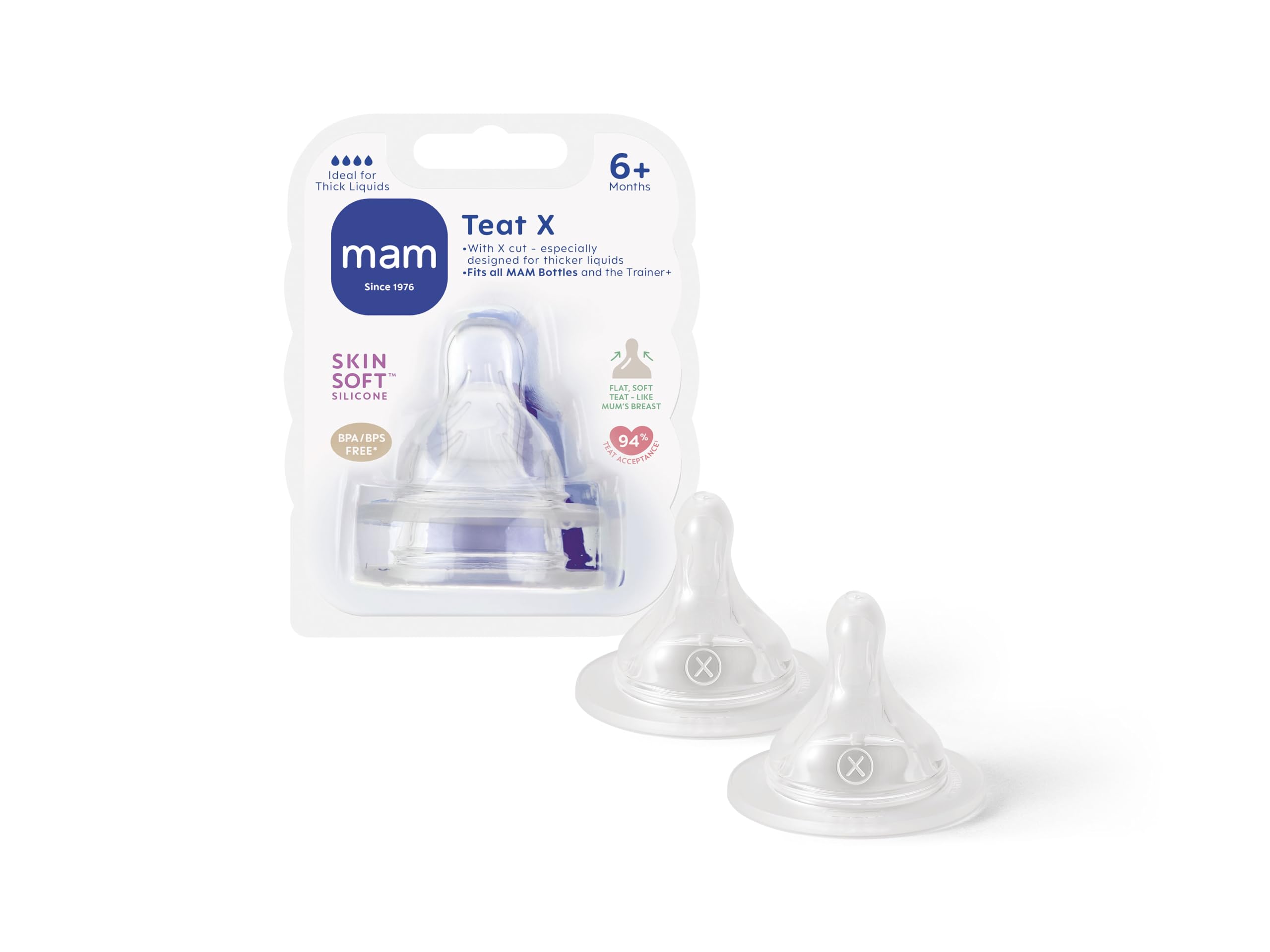 MAM cross-cut teat in-use demonstrates steady flow for six-month-olds.