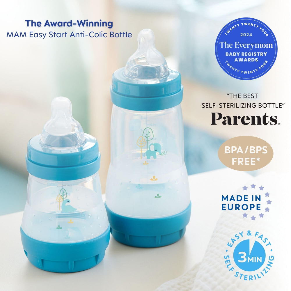 MAM vented base bottle promotes smooth milk flow and reduces air intake