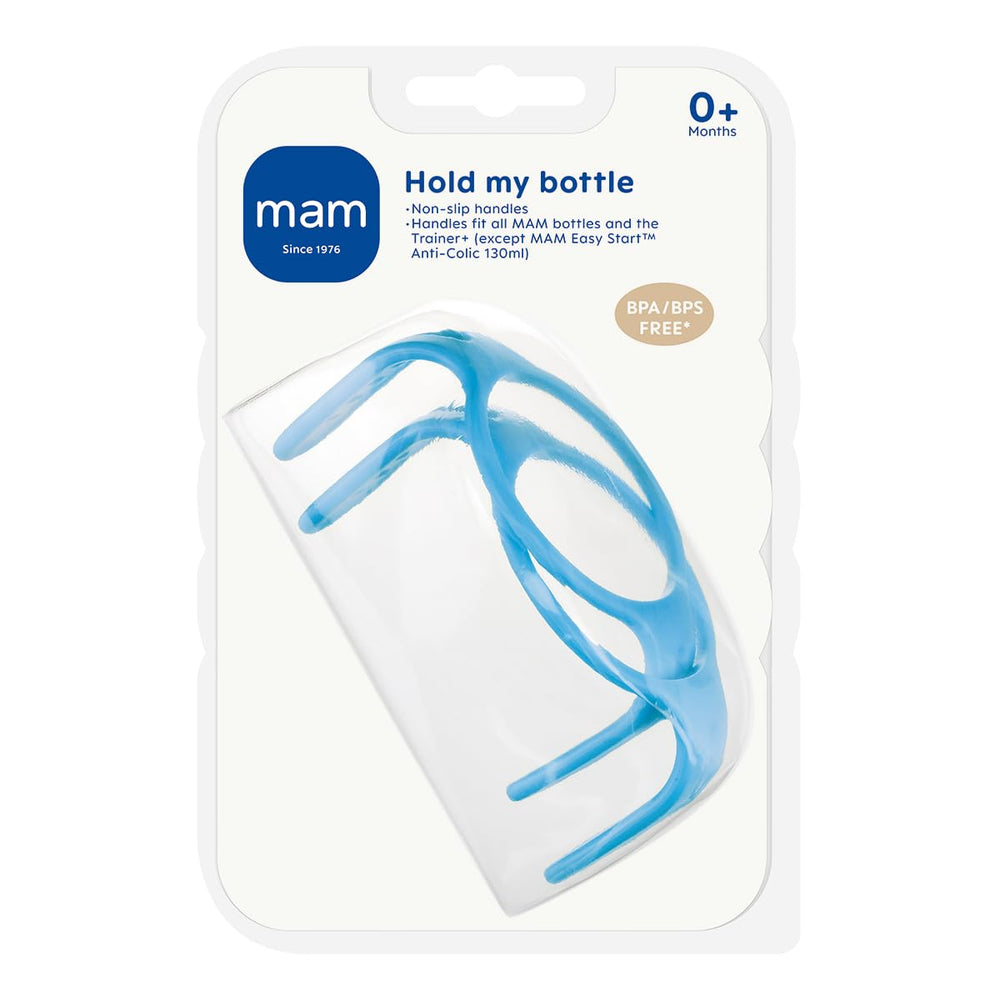 MAM Hold My Bottle Handles blue 2-pack close-up highlights ergonomic grip for babies