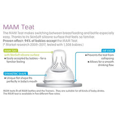 MAM silky-soft silicone suction-focused teat for comfortable feeding sessions.