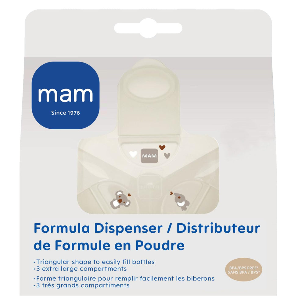 MAM spill-proof dispenser compact design supports on-the-go feeding and storage.
