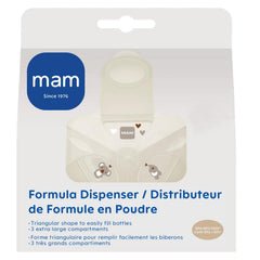 MAM spill-proof dispenser compact design supports on-the-go feeding and storage.
