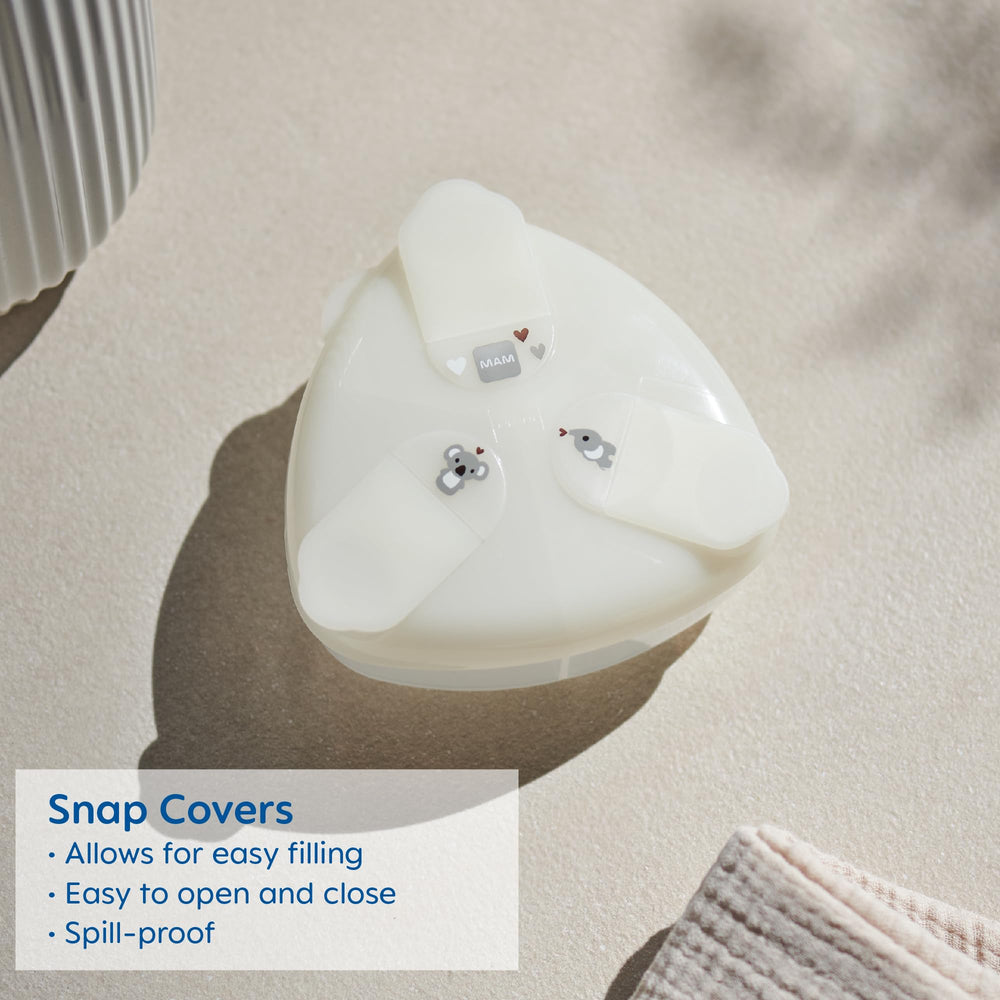 MAM spill-proof dispenser in diaper bag demonstrates flat, bag-friendly design.
