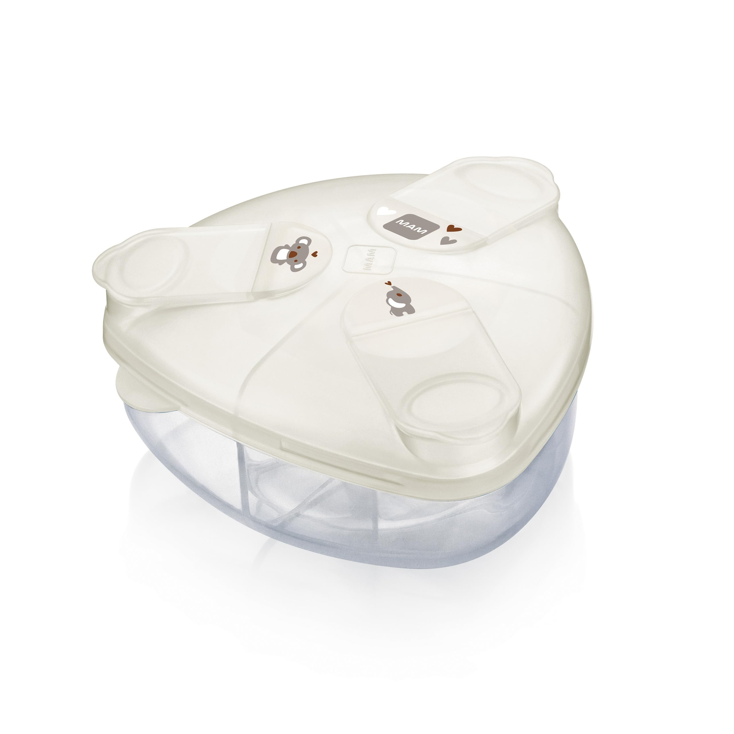MAM spill-proof dispenser top view shows snap-on lid for travel-ready feedings.