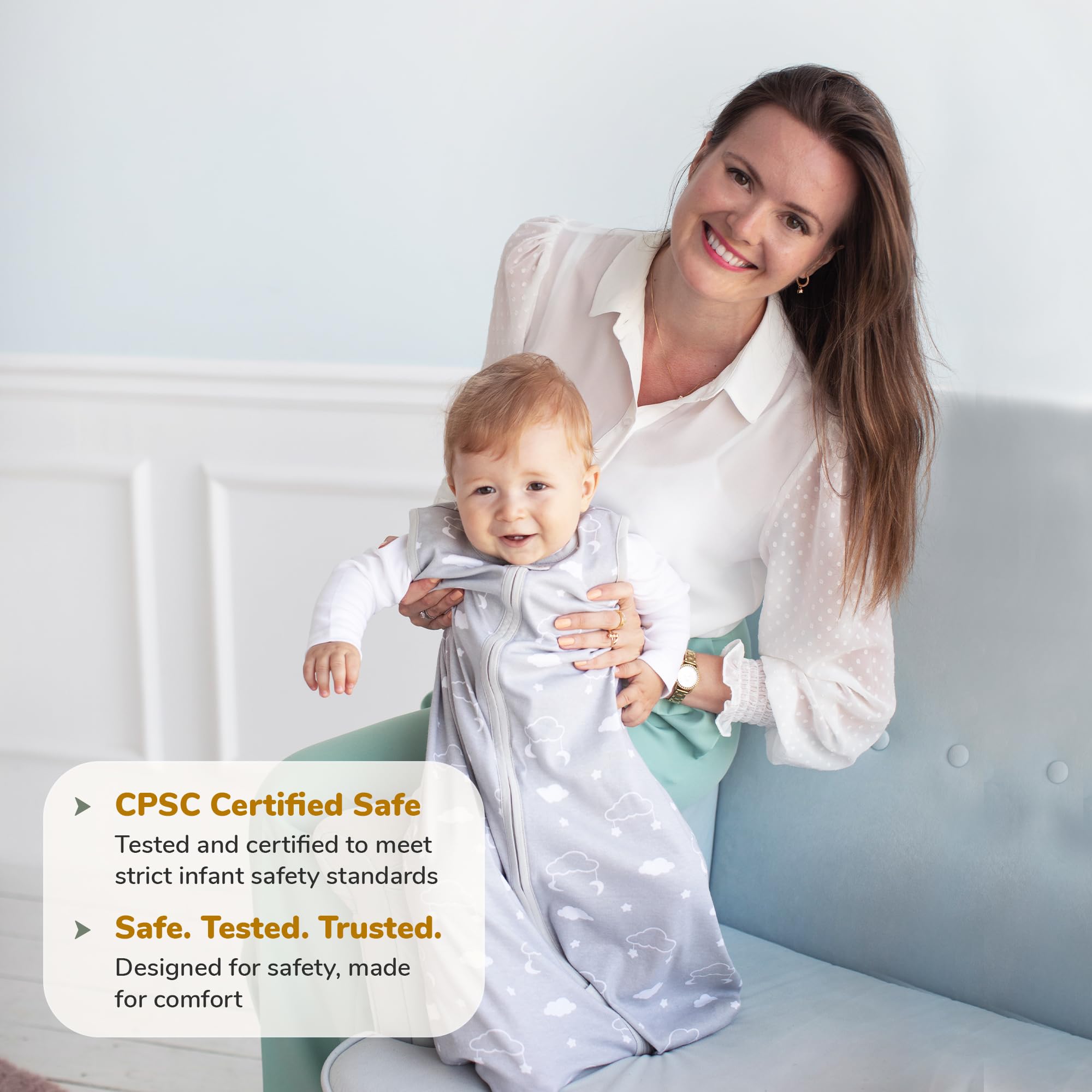 Mama Cheetah Sleep Sack safety tab protects tender neck and chin