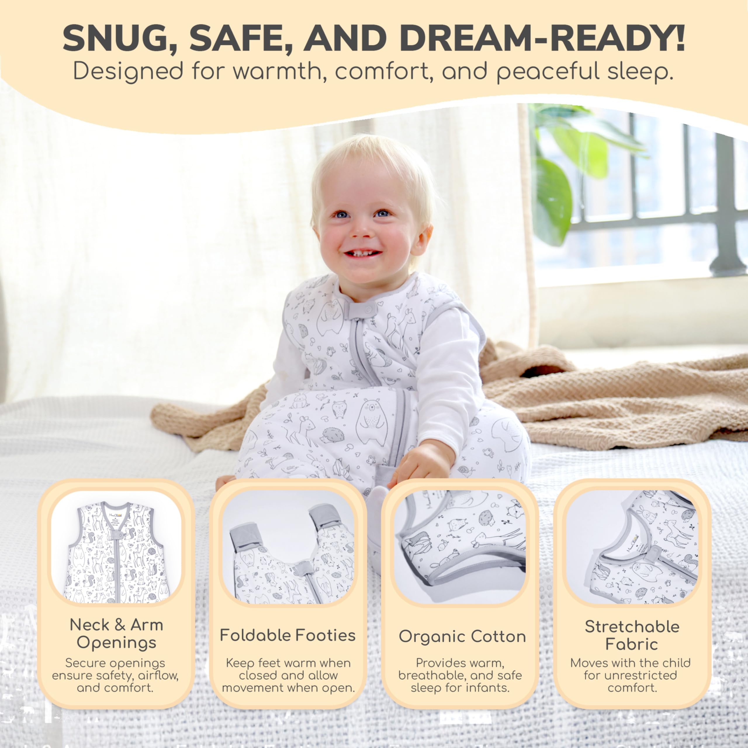 Mama Cheetah sleep sack showing adjustable foot openings for growing feet