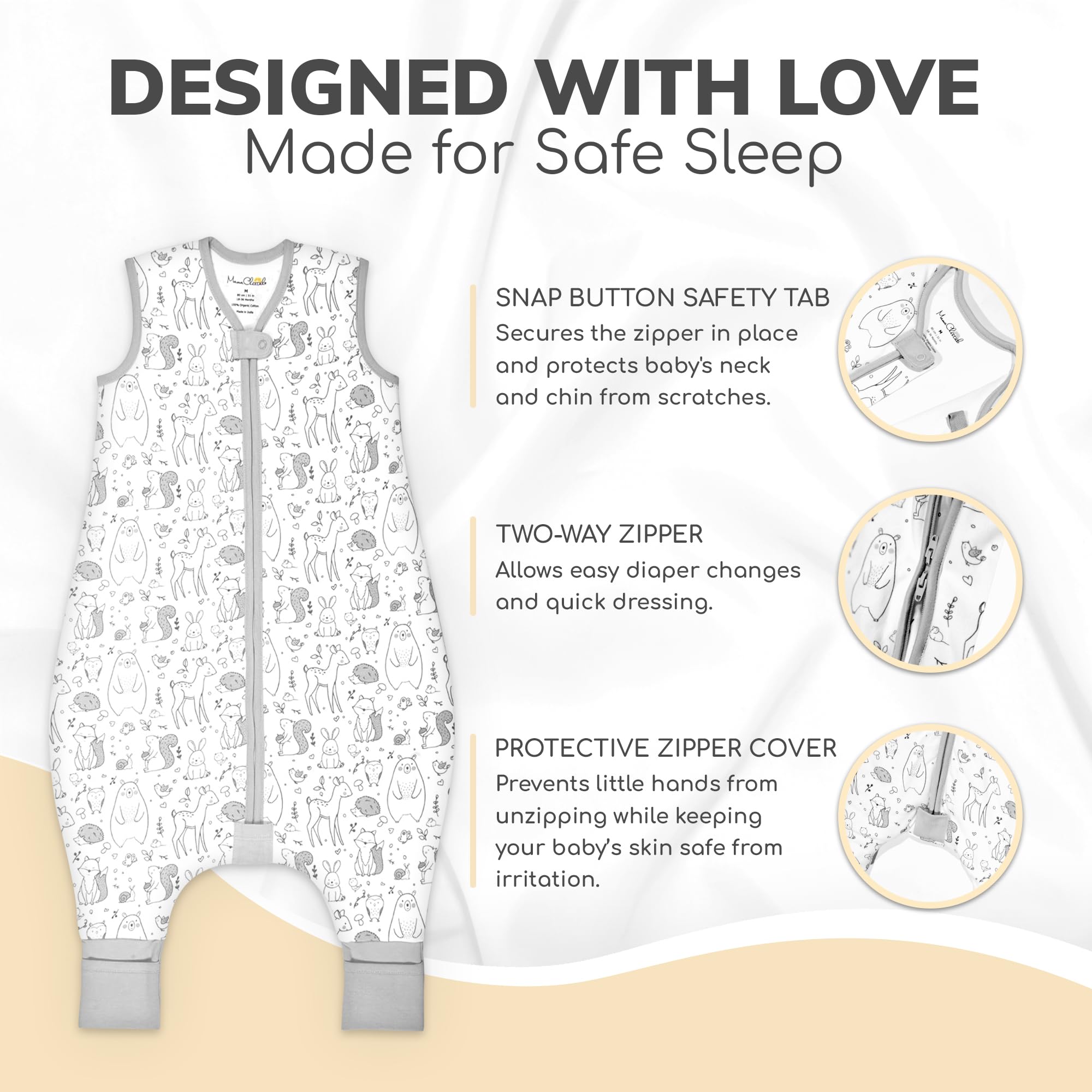 Mama Cheetah sleep sack safety features neck guard and bottom zipper cover.