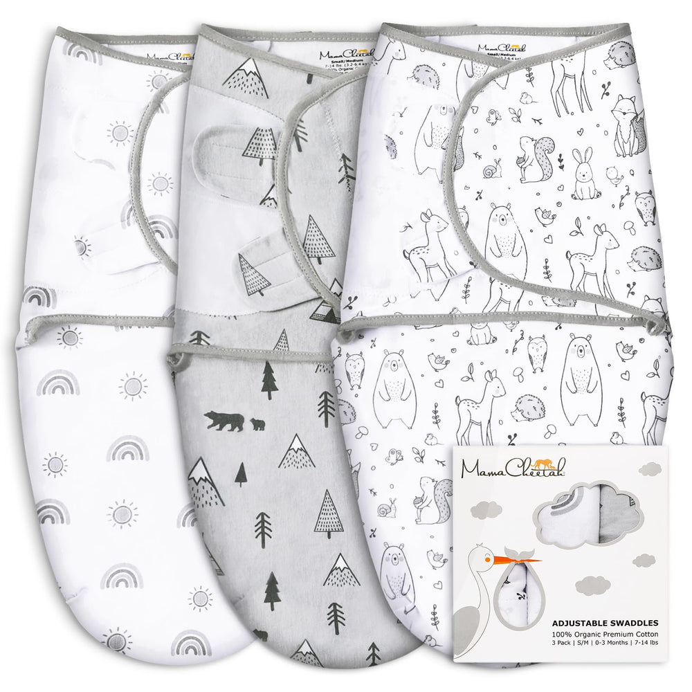 Mama Cheetah organic baby swaddle front view with snug nighttime sleep