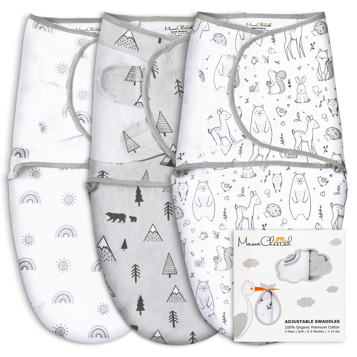 Mama Cheetah organic baby swaddle front view with snug nighttime sleep