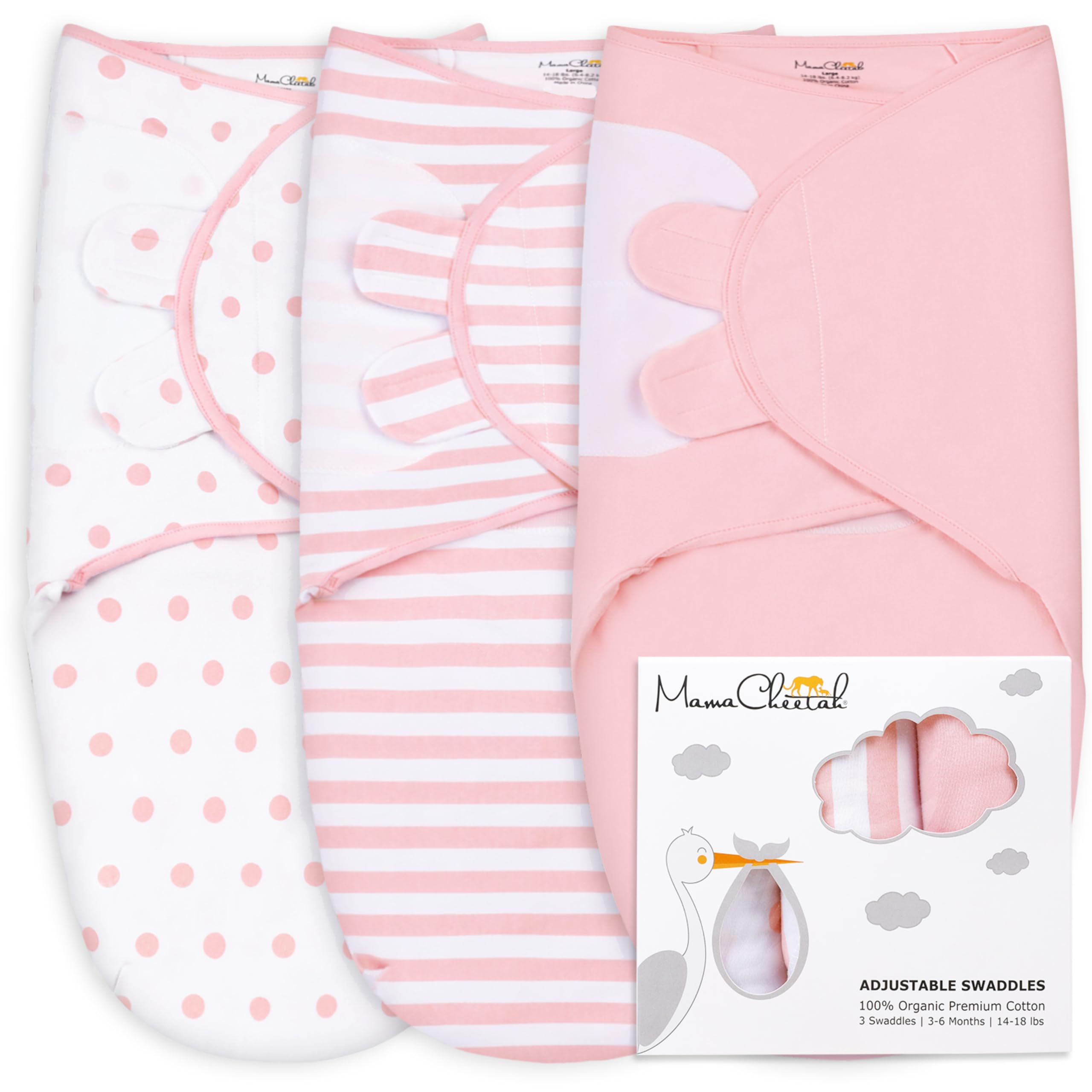 Mama Cheetah pink swaddle pack features soft, breathable fabric for gentle sleep.