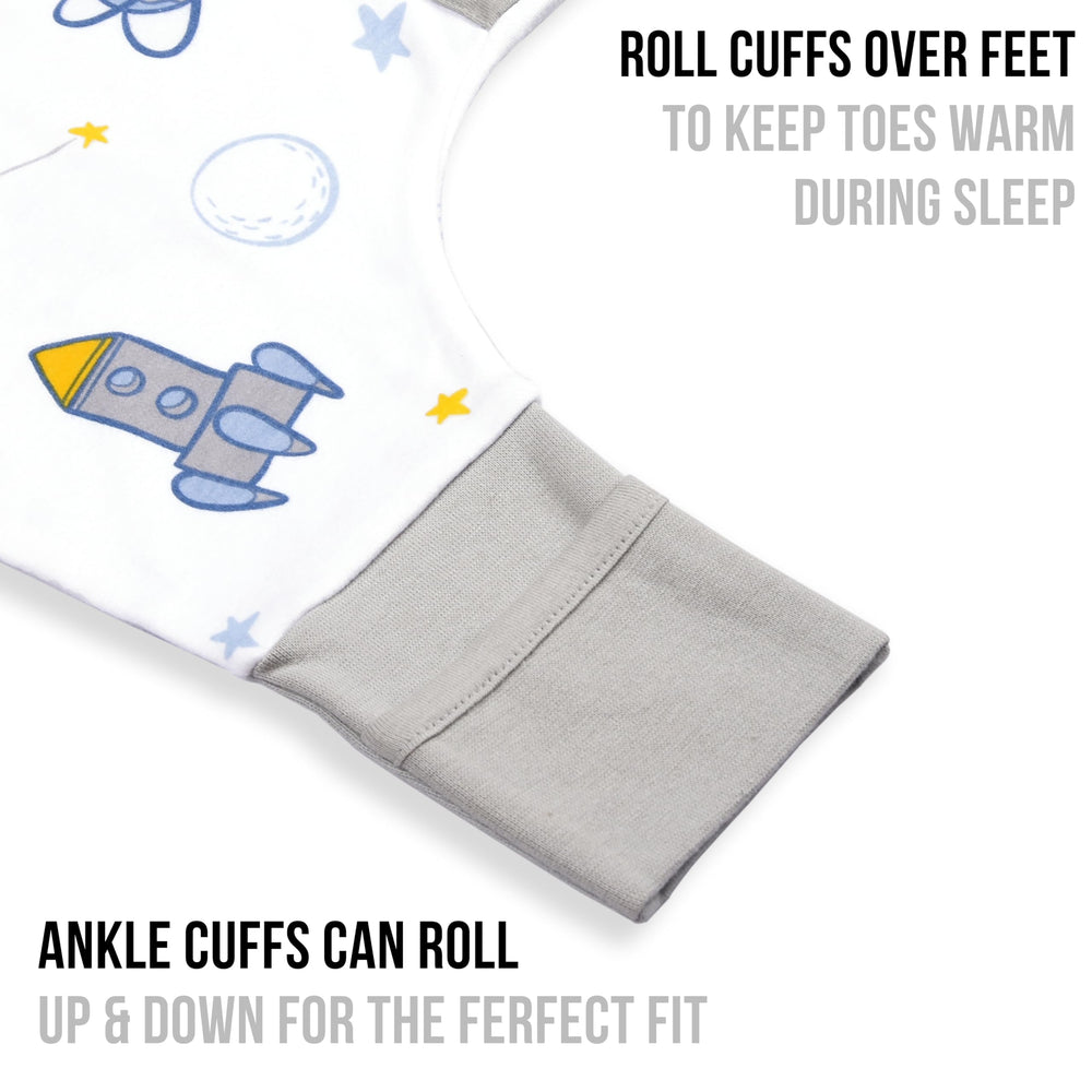 Mama Cheetah 4T-5T sleepsack beside height chart for proper fit