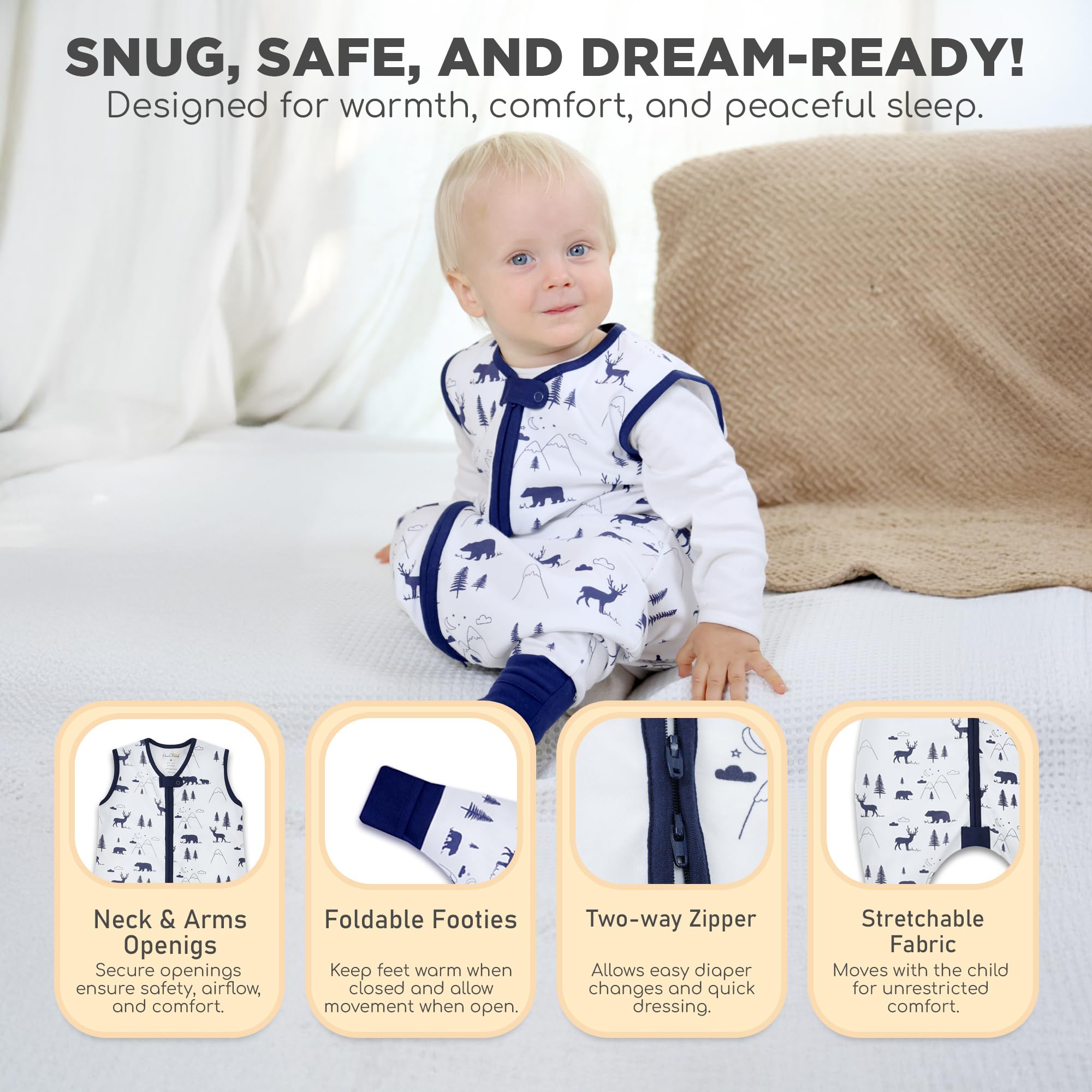 Mama Cheetah sleep sack bottom zipper cover—prevents accidental unzipping.