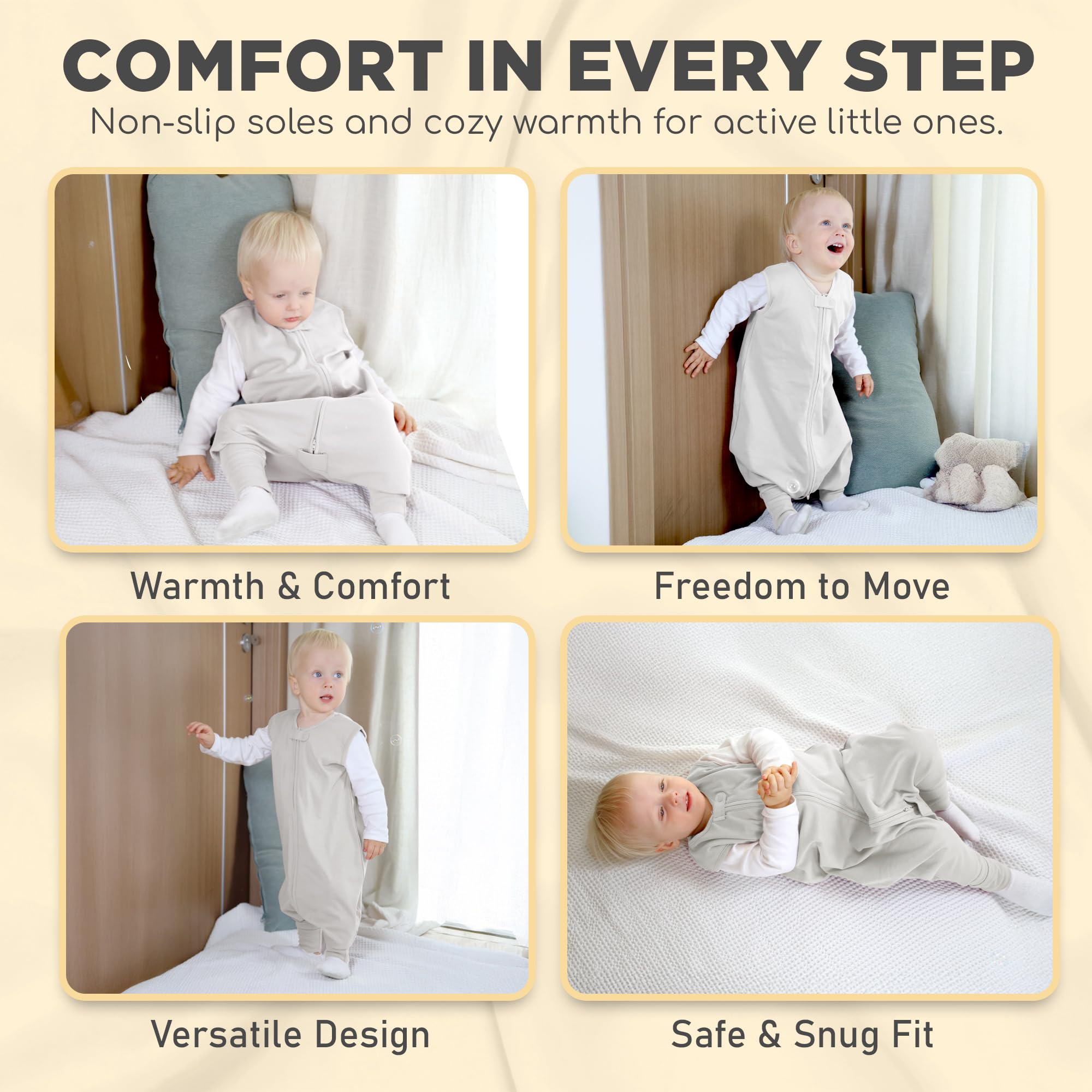 Mama Cheetah sleep sack with adjustable foot openings—mobility and snug warmth.