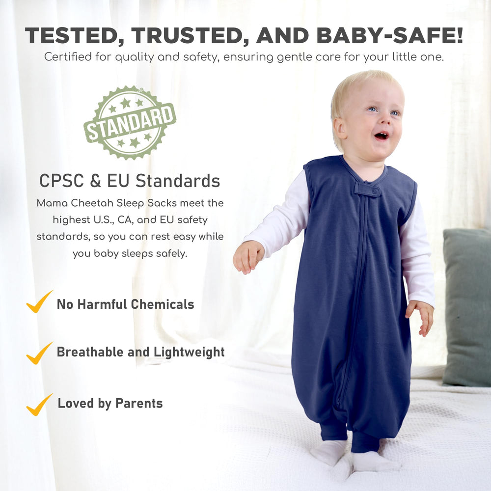 Mama Cheetah sleep sack sizes chart—grows with your child.