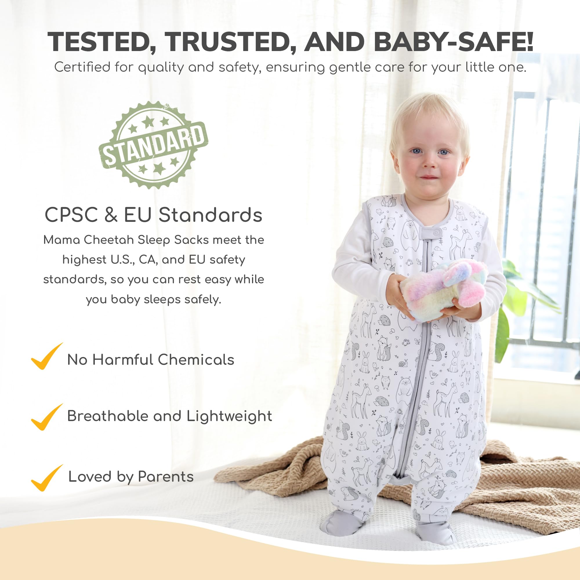 Mama Cheetah sleep sack with feet worn by toddler demonstrates mobility-friendly design.