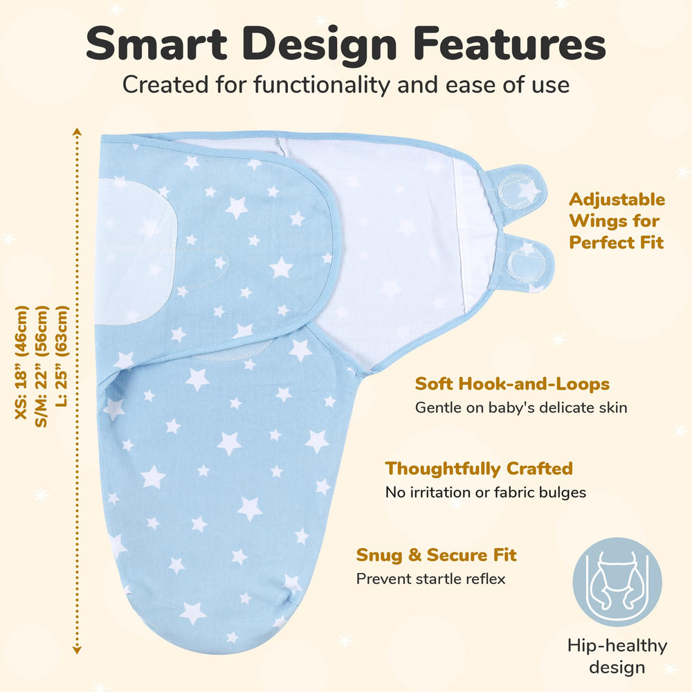 Mama Cheetah Swaddle Sack blue 3pack set highlights three sizes for growth