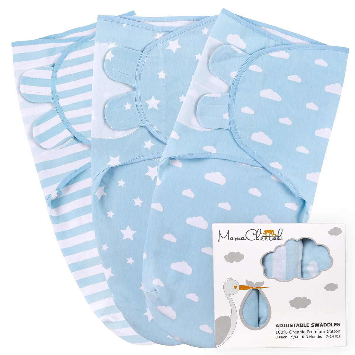 Mama Cheetah Swaddle Sack blue front view shows cozy, secure wrap for newborn sleep