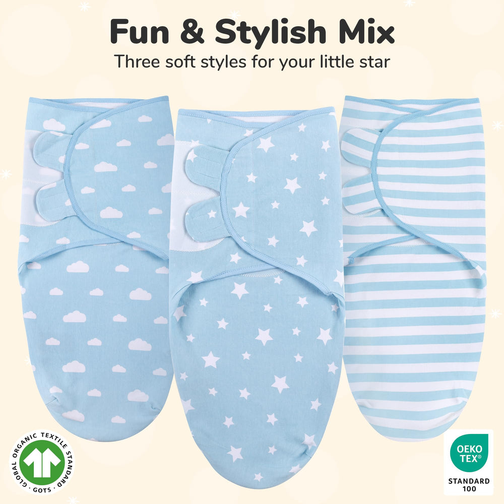 Mama Cheetah Swaddle Sack blue unfolded reveals breathable organic cotton comfort