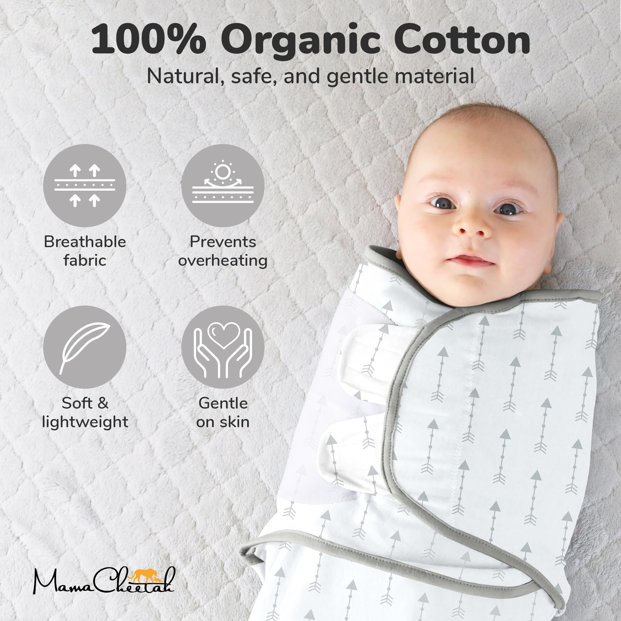 Mama Cheetah Swaddle Sack fade-resistant fabric stays soft after machine washing