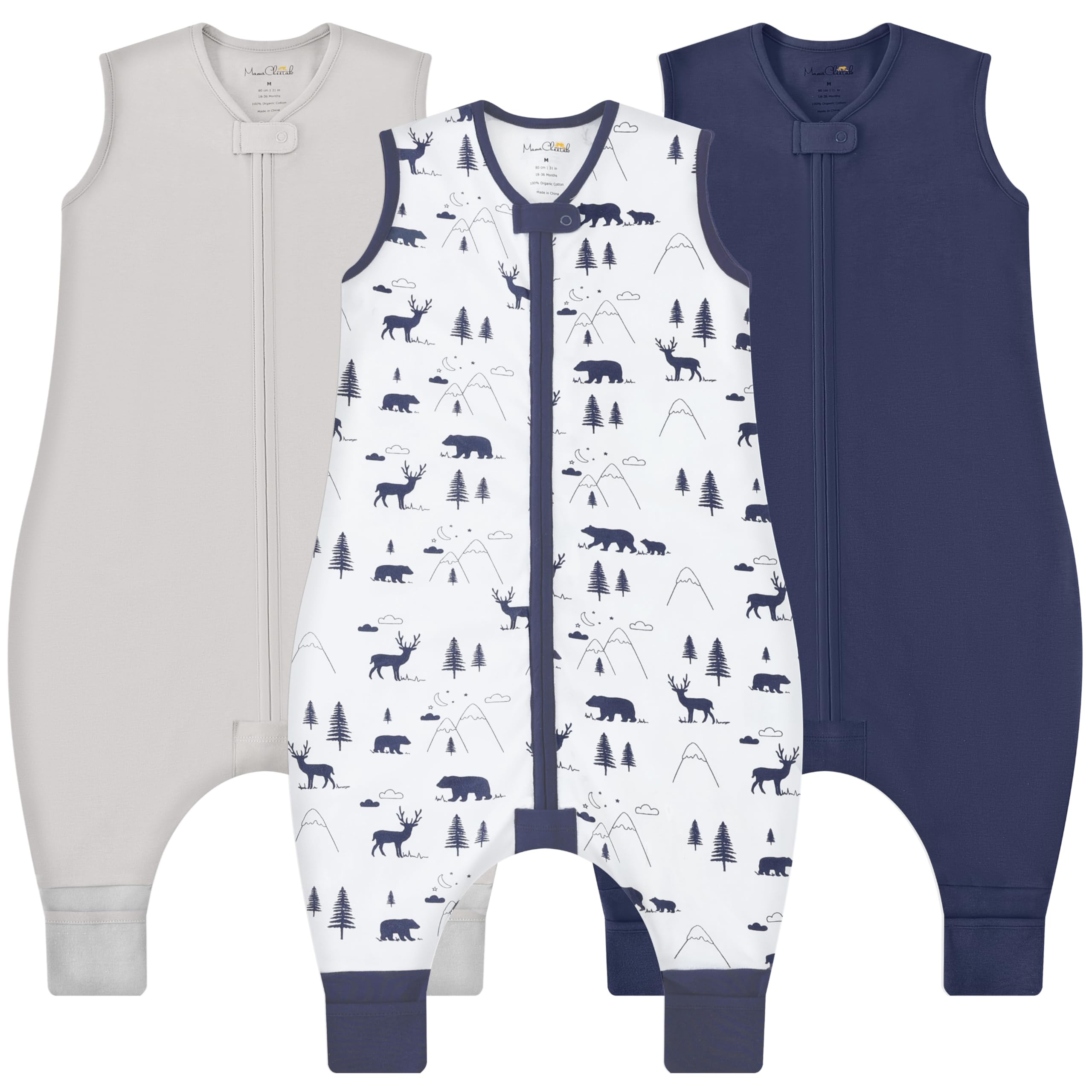 Mama Cheetah toddler sleep sack with feet—breathable organic cotton for comfort.