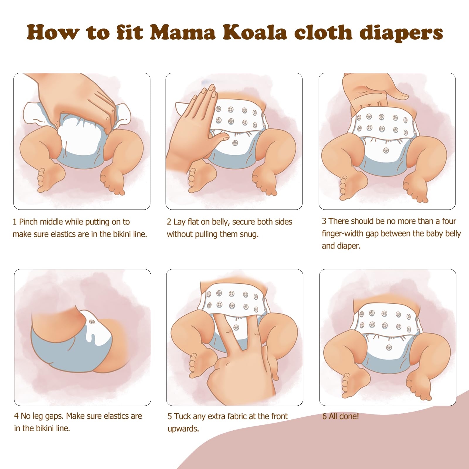 Mama Koala 1.0 3x3 rise snaps illustrate adjustable fit as babies grow.