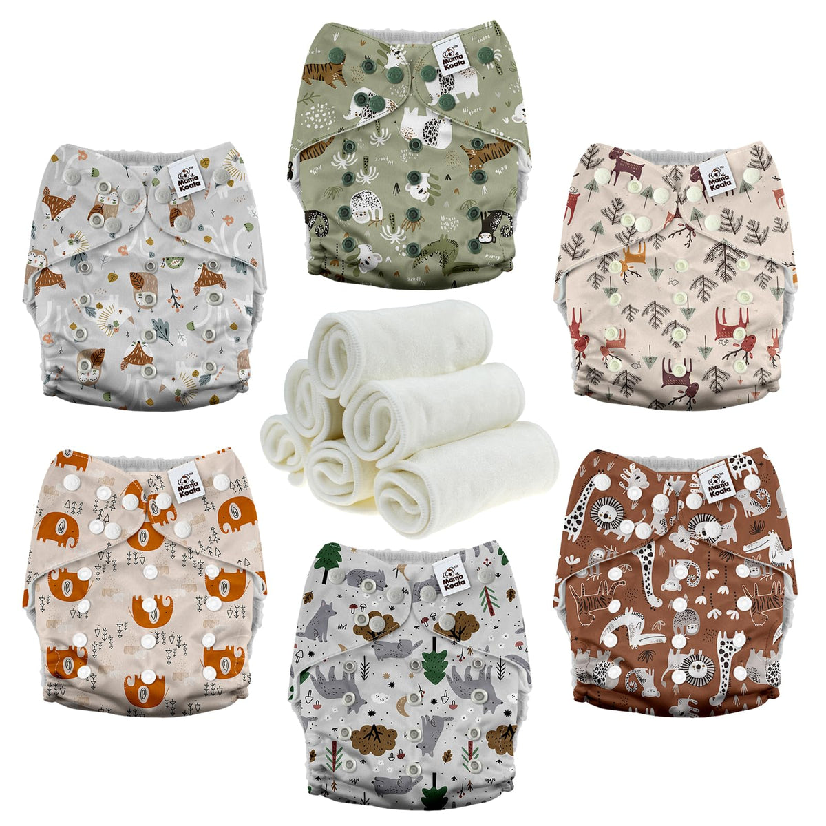 Mama Koala forest animals diaper cover shows adjustable fit for growing babies with comfy leg openings