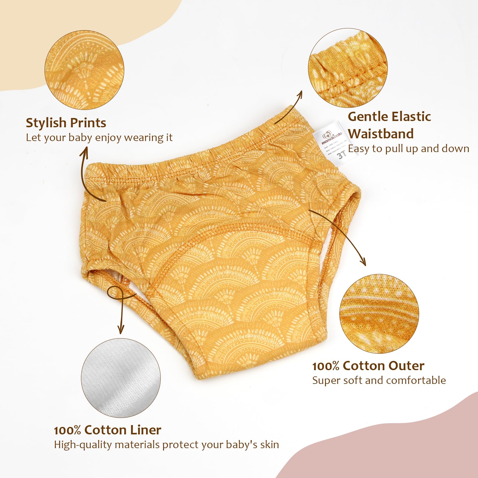 Mama Koala potty pants showing absorbent waterproof middle padding for moisture management.