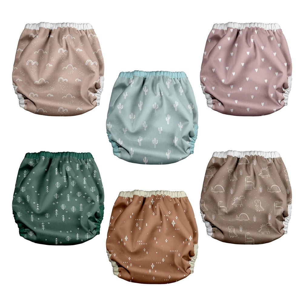 Mama Koala Simply Neautrals rise-snaps highlight adjustable sizing for birth-to-potty use