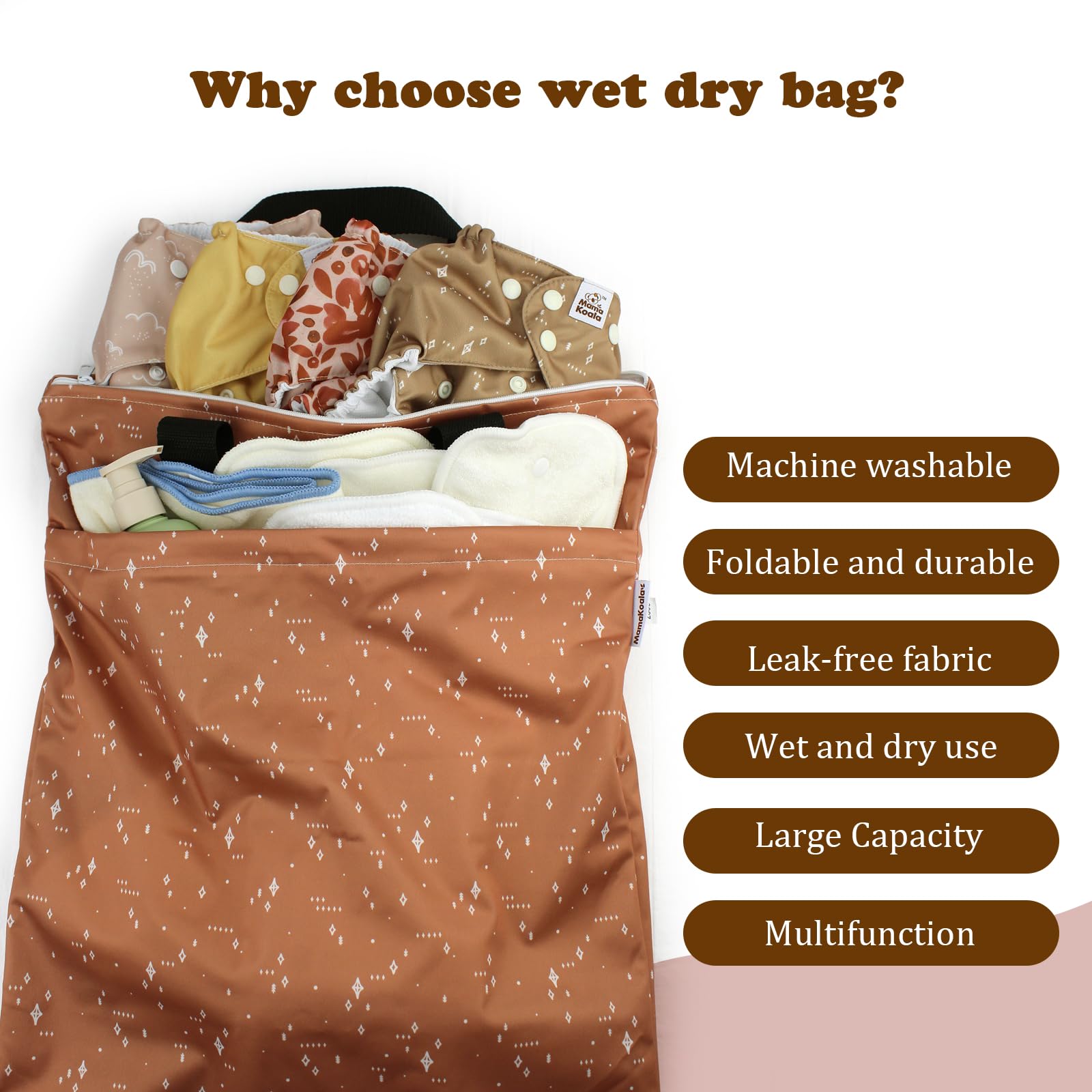 Eco-friendly Mama Koala wet-dry bag features pattern options for reusable storage.