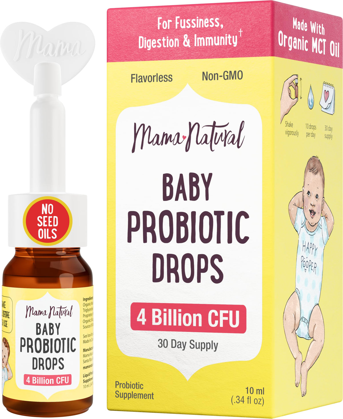 Mama Natural Baby Probiotic Drops bottle shows clean label for gentle gut support.