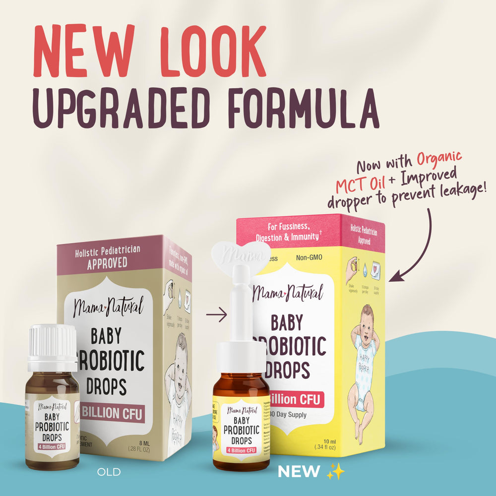 Mama Natural Baby Probiotic Drops dropper demonstrates easy, 10-drop daily dosage.