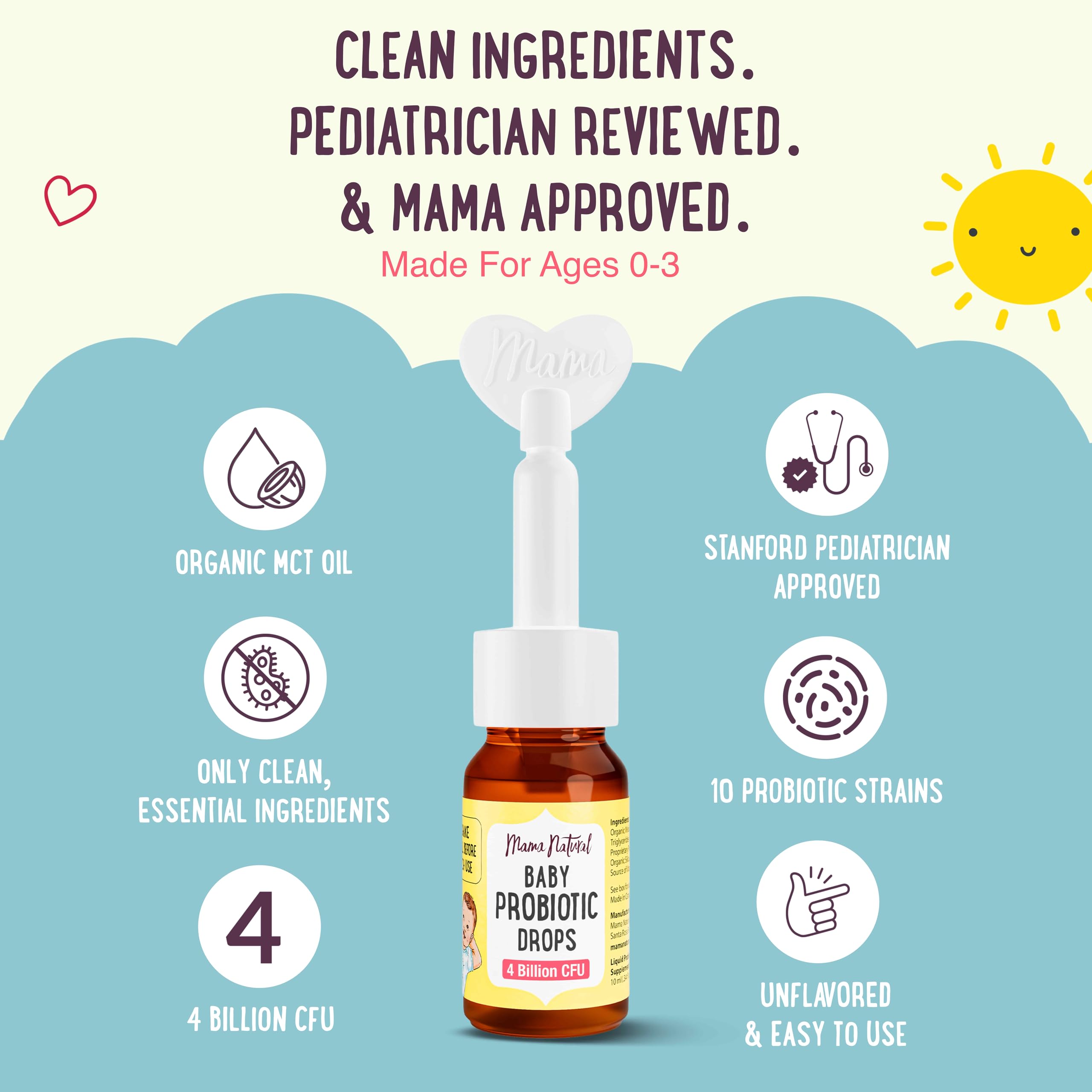 Mama Natural Baby Probiotic Drops with organic MCT oil as carrier.