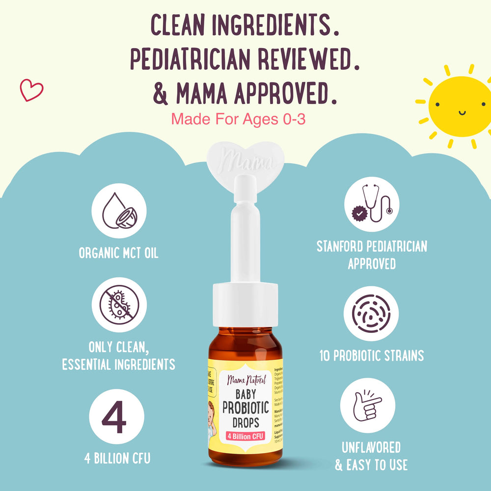 Mama Natural Baby Probiotic Drops with organic MCT oil as carrier.