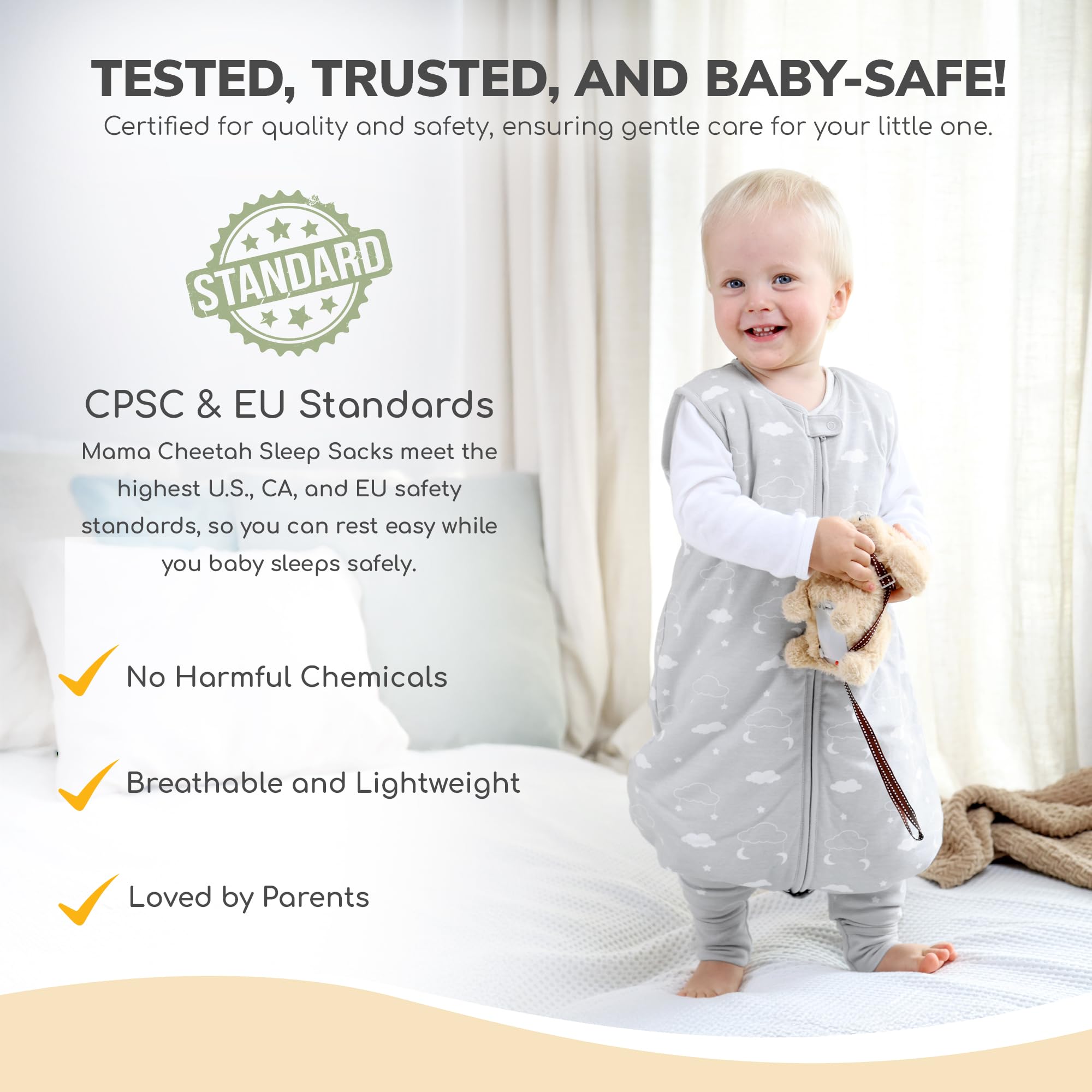 Mama Cheetah 2.5 TOG organic cotton shell offers breathable warmth for cooler nights.