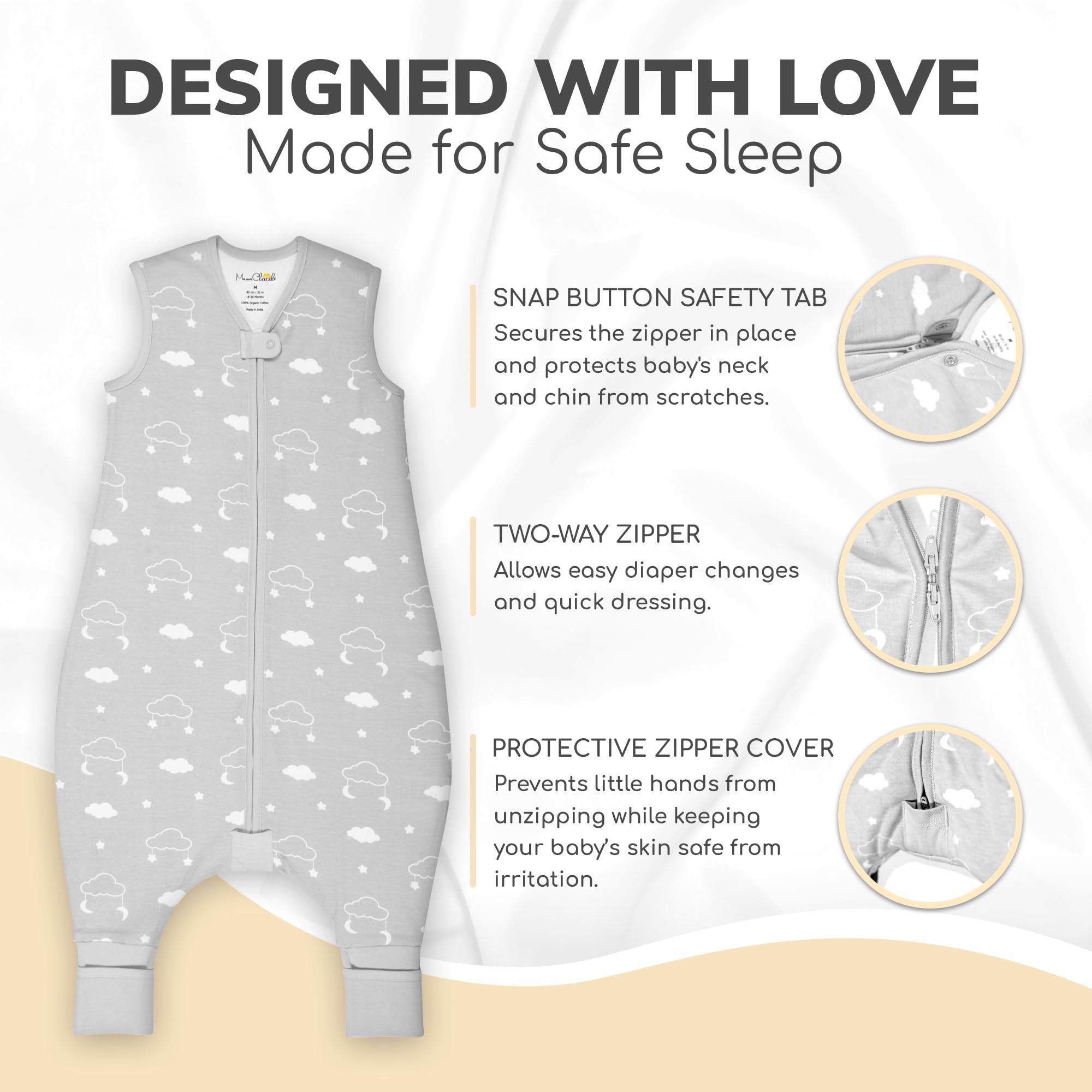 Mama Cheetah sleep sack safety neck tab promotes a snug, secure fit.