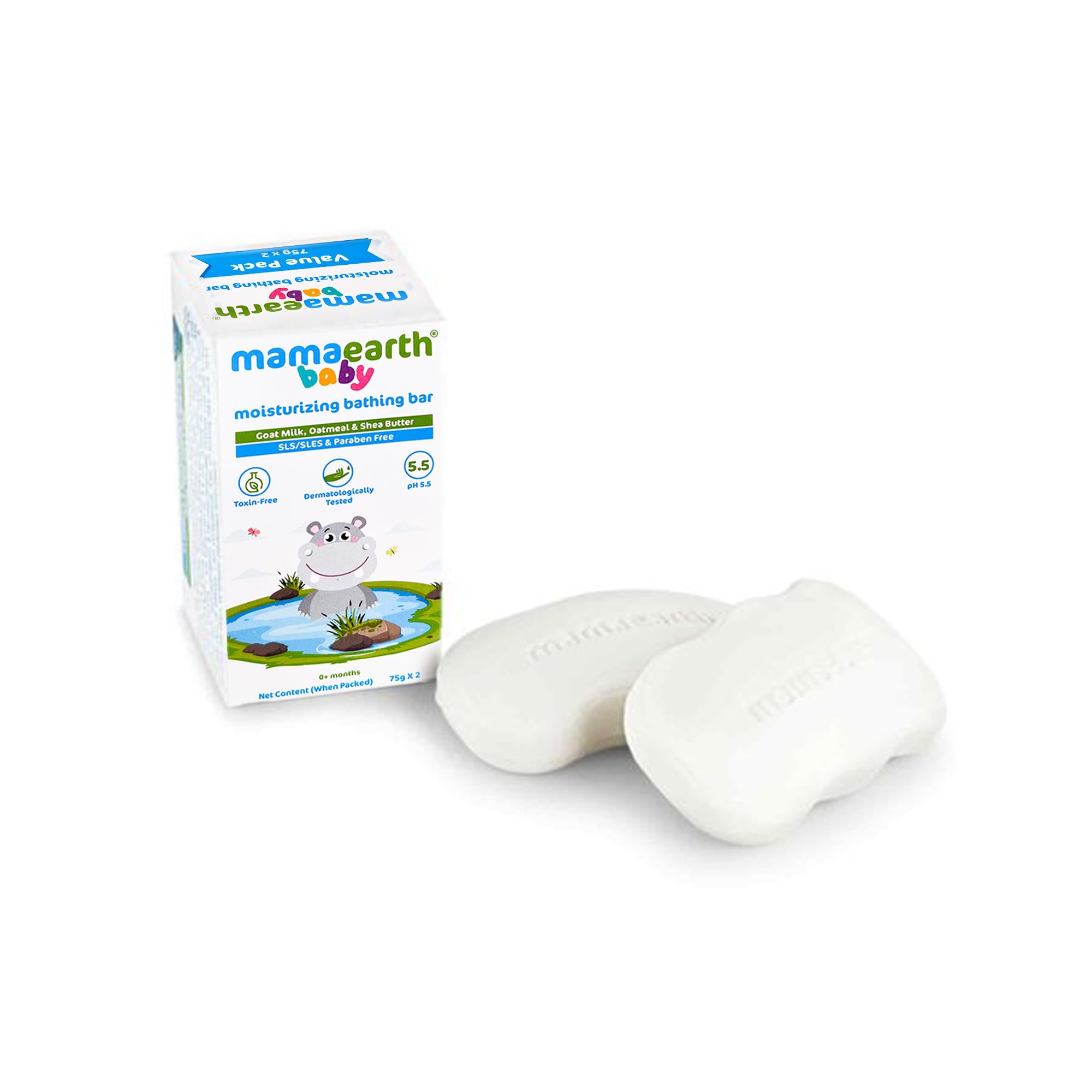 MAMAEARTH ingredients label—goat milk, oatmeal, shea butter for moisturized skin.