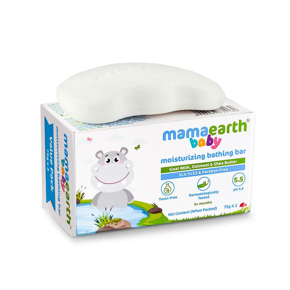 MAMAEARTH baby bath bar close-up lather—mild, tear-free wash for babies.