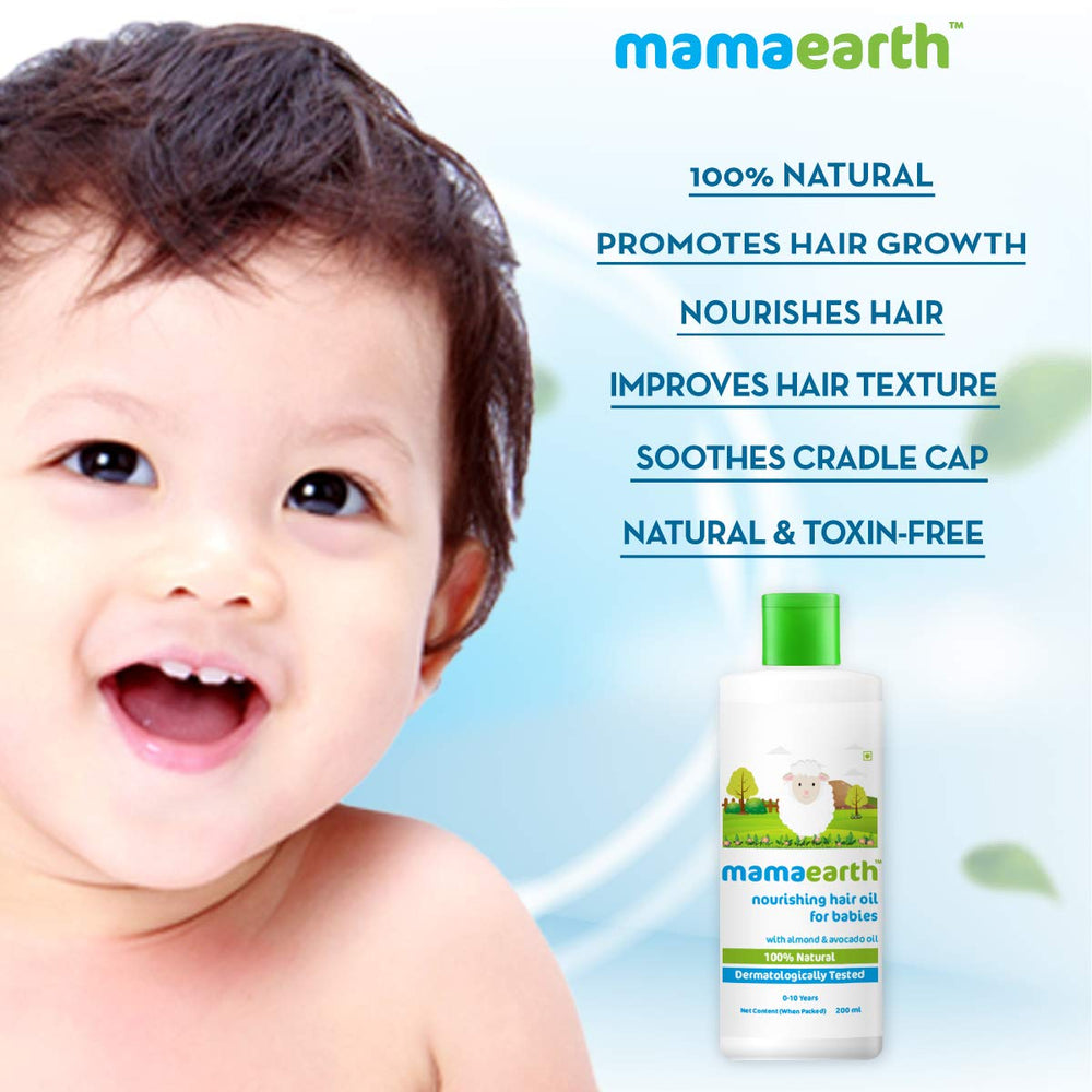 Mamaearth almond oil detail highlights nourishing formula for baby hair.