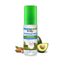 Mamaearth baby nourishing hair oil pour demonstrating easy application for soft baby hair.