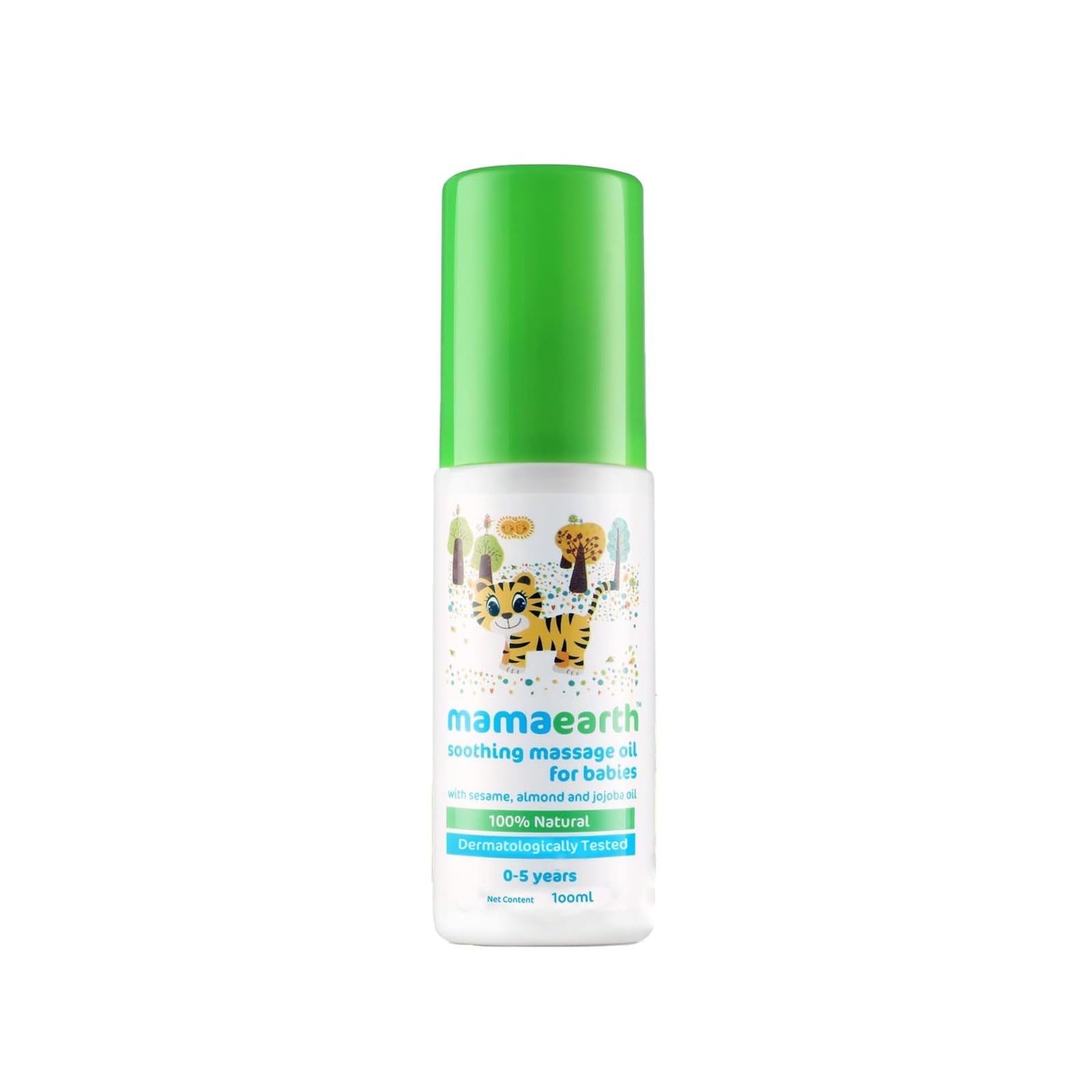 Mamaearth soothing massage oil bottle with sesame, almond, and jojoba blend.