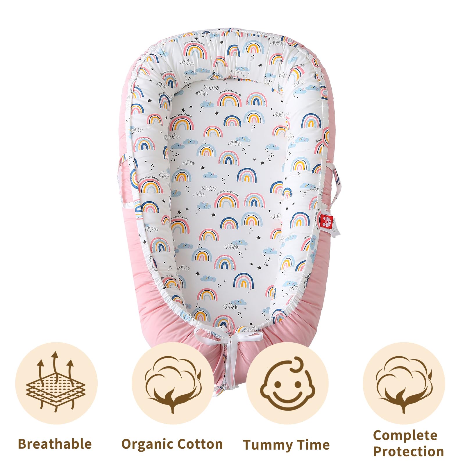 MAMAJOVE baby lounger with portable carrying handle for easy transitions.