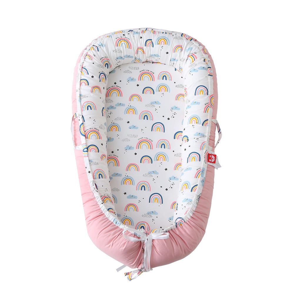 MAMAJOVE baby lounger pink with soft cotton cover for gentle skin comfort.