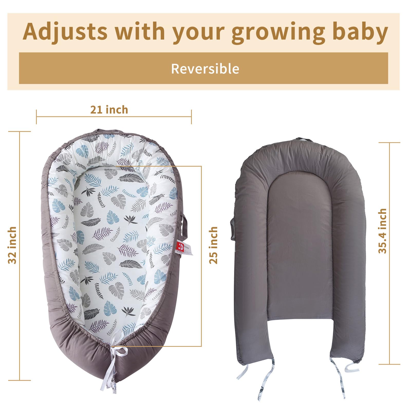 MAMAJOVE baby nest lounger double-sided pattern shows easy washing and versatility.