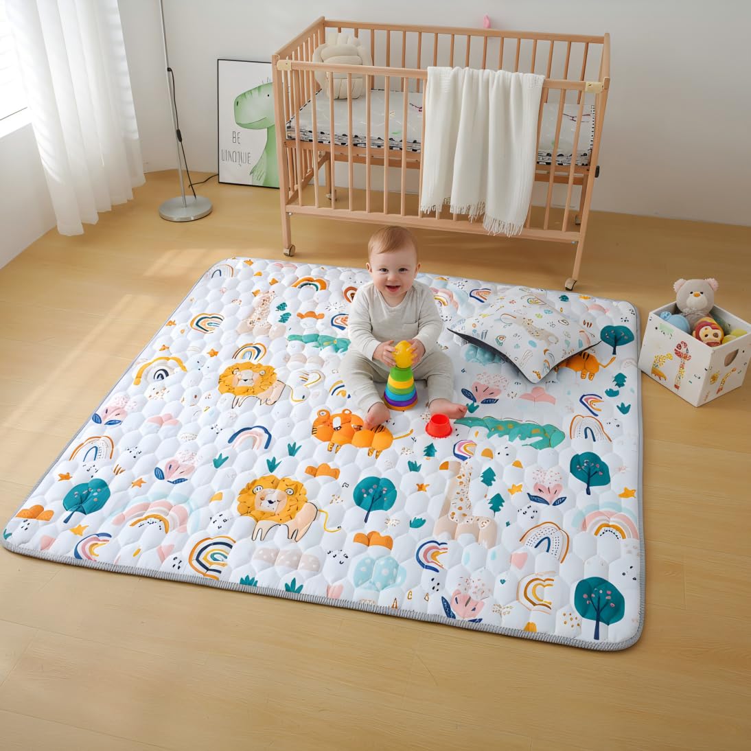 MAMAJOVE playmat non-slip bottom keeps mat in place during play.
