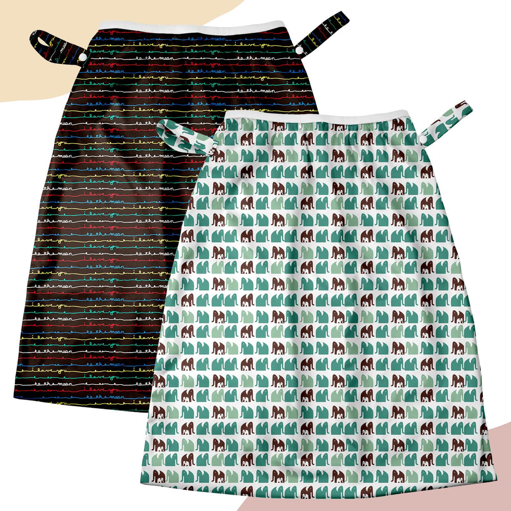 Mama Koala pail liner opening extended shows adjustable fit for standard diaper pails.