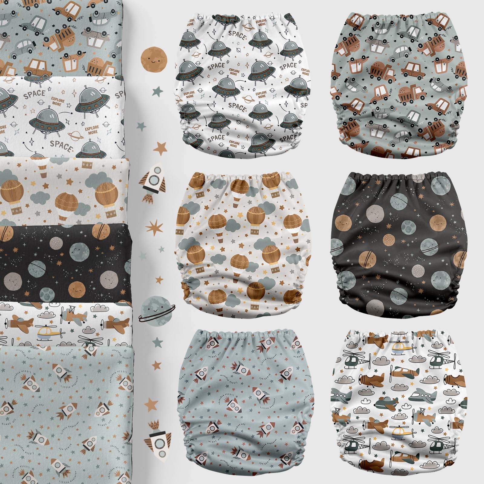 Mama Koala Space Ranger inserts highlight six natural 4-layer inserts for flexible absorbency all day.