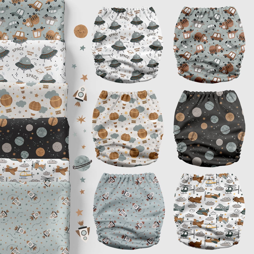 Mama Koala Space Ranger inserts highlight six natural 4-layer inserts for flexible absorbency all day.